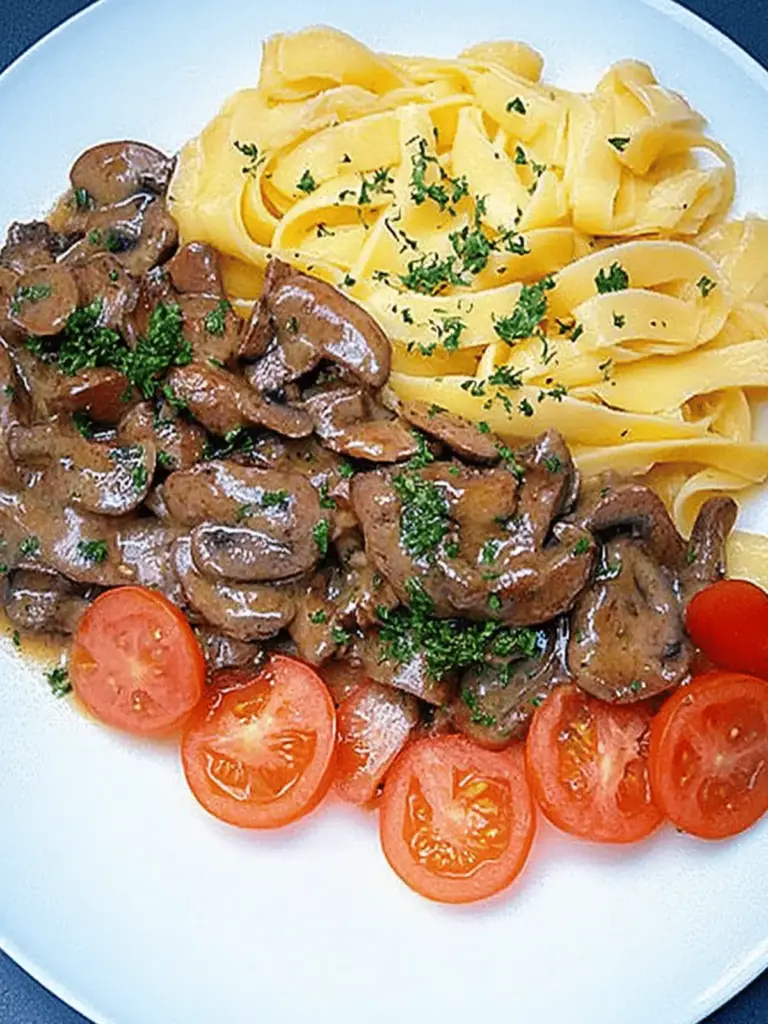 Herzhafter Rindfleisch- und Champignon-Stroganoff mit Nudeln