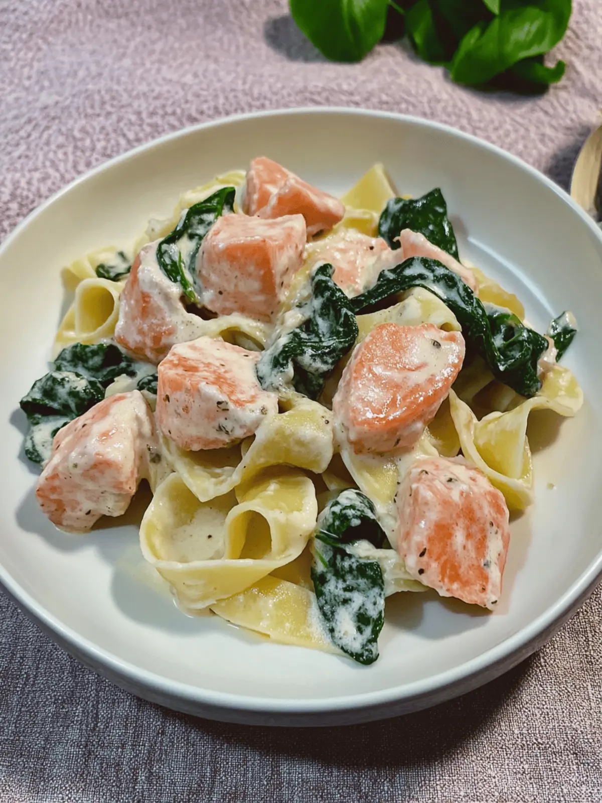 Bandnudeln mit Lachs und Spinat in cremiger Sauce 3 Bandnudeln mit Lachs und Spinat in cremiger Sauce