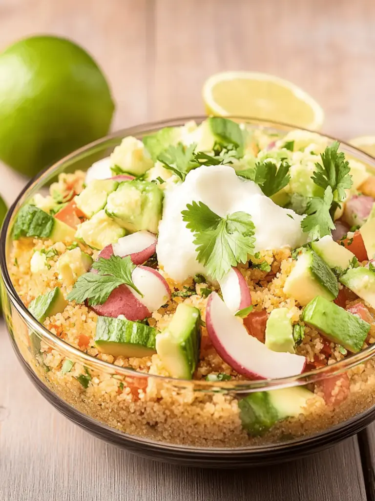 Lebendige Taco-Quinoa-Schüssel mit Avocado-Crema
