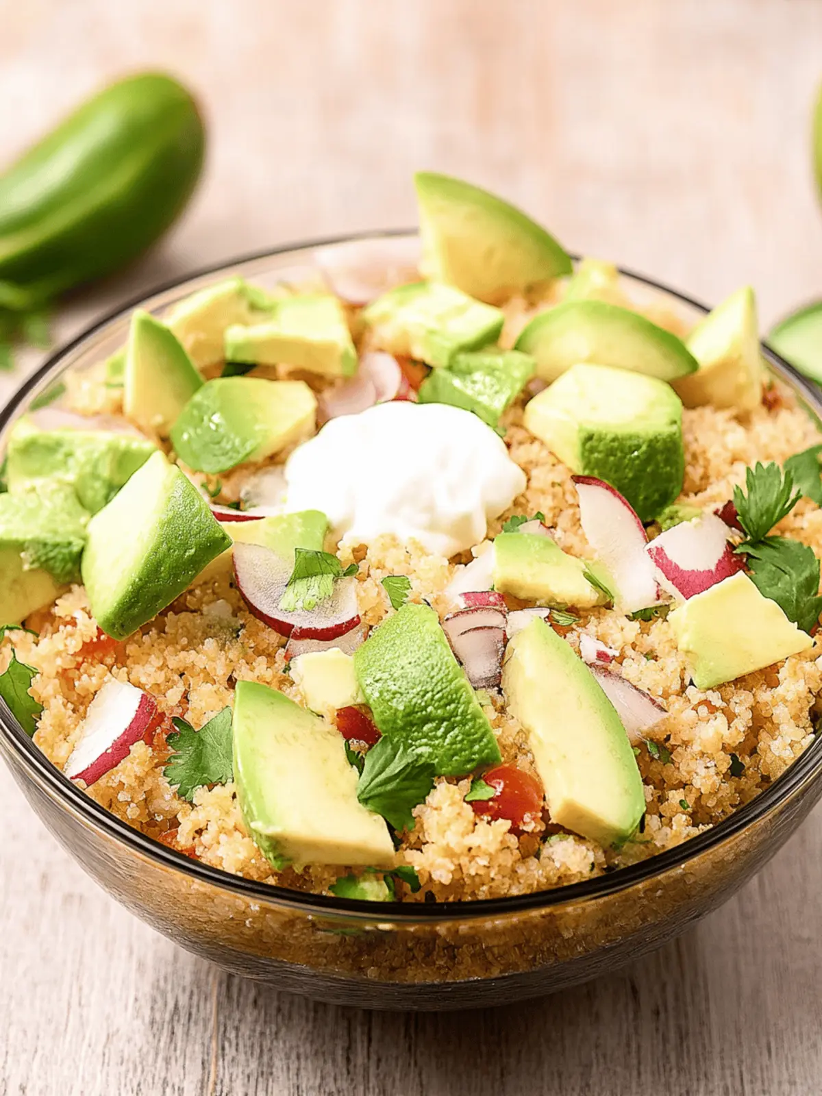 Lebendige Taco-Quinoa-Schüssel mit Avocado-Crema