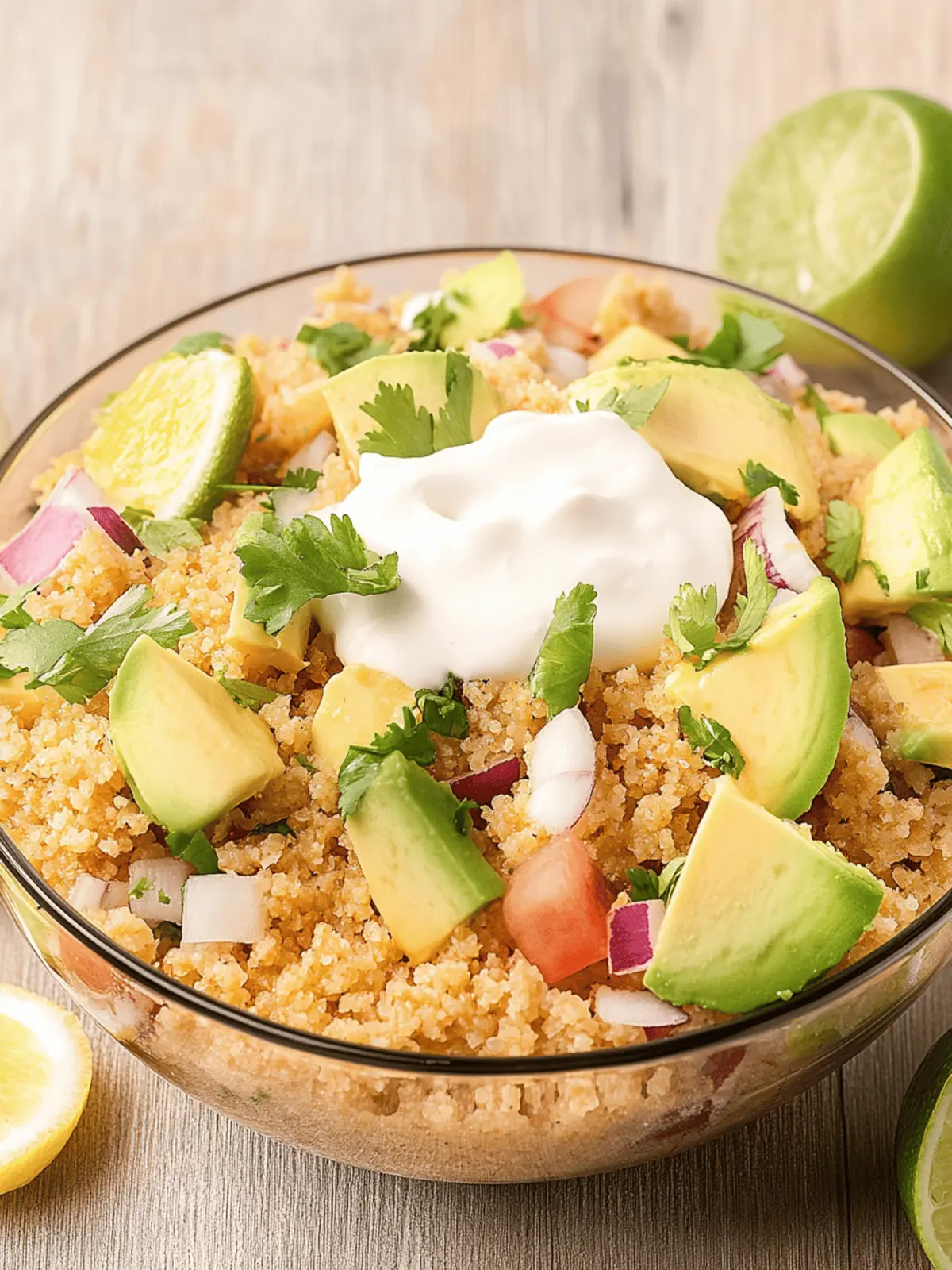 Lebendige Taco-Quinoa-Schüssel mit Avocado-Crema