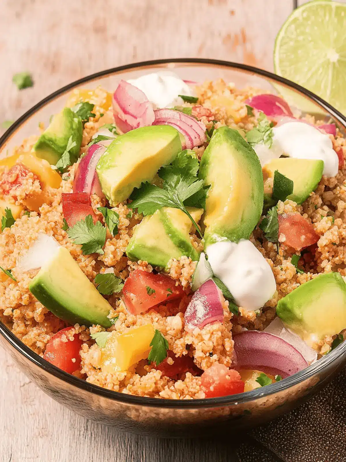 Lebendige Taco-Quinoa-Schüssel mit Avocado-Crema
