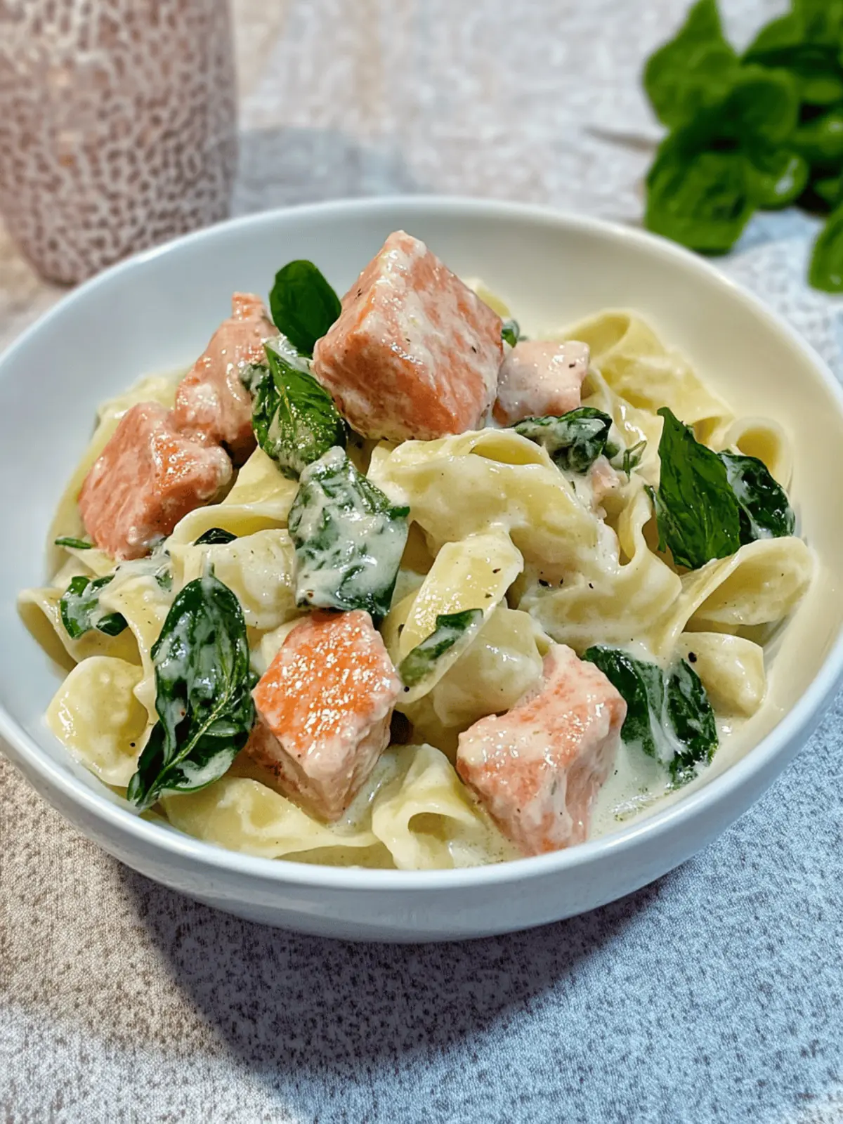 Bandnudeln mit Lachs und Spinat in cremiger Sauce 4 Bandnudeln mit Lachs und Spinat in cremiger Sauce