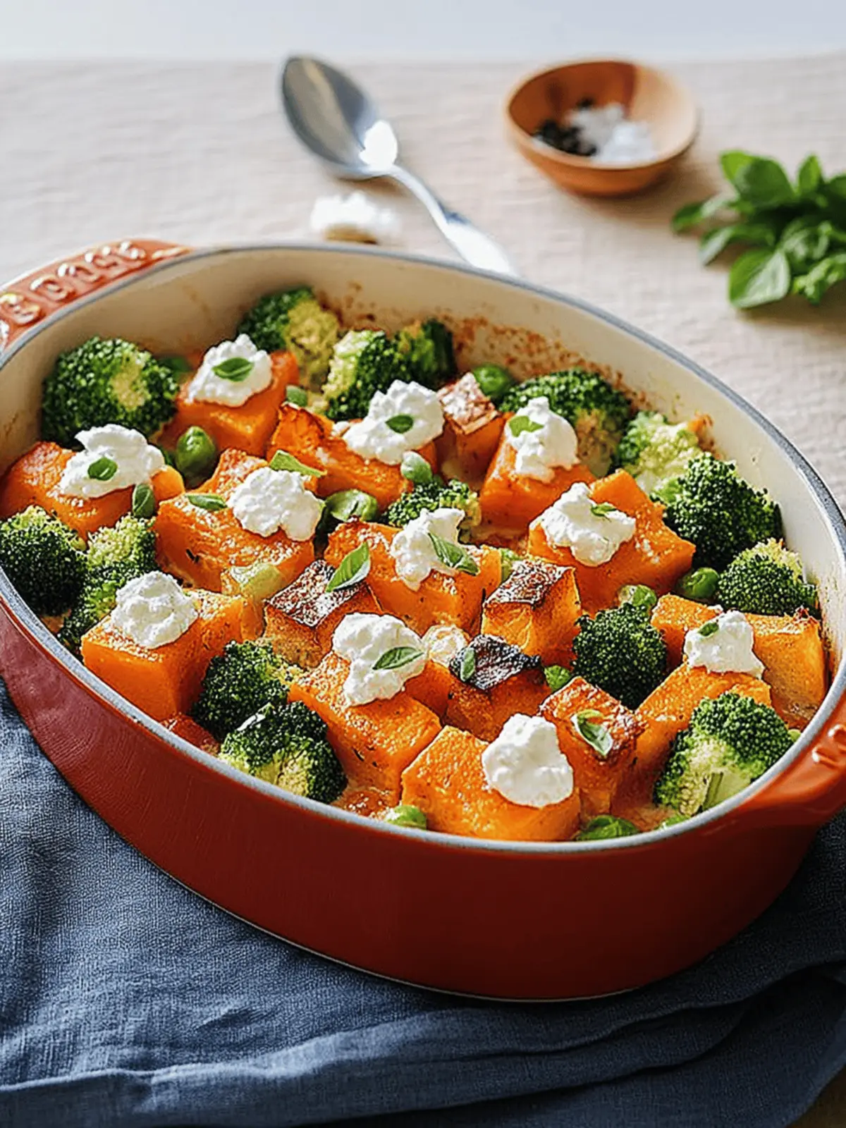 Sweet potato broccoli casserole with feta